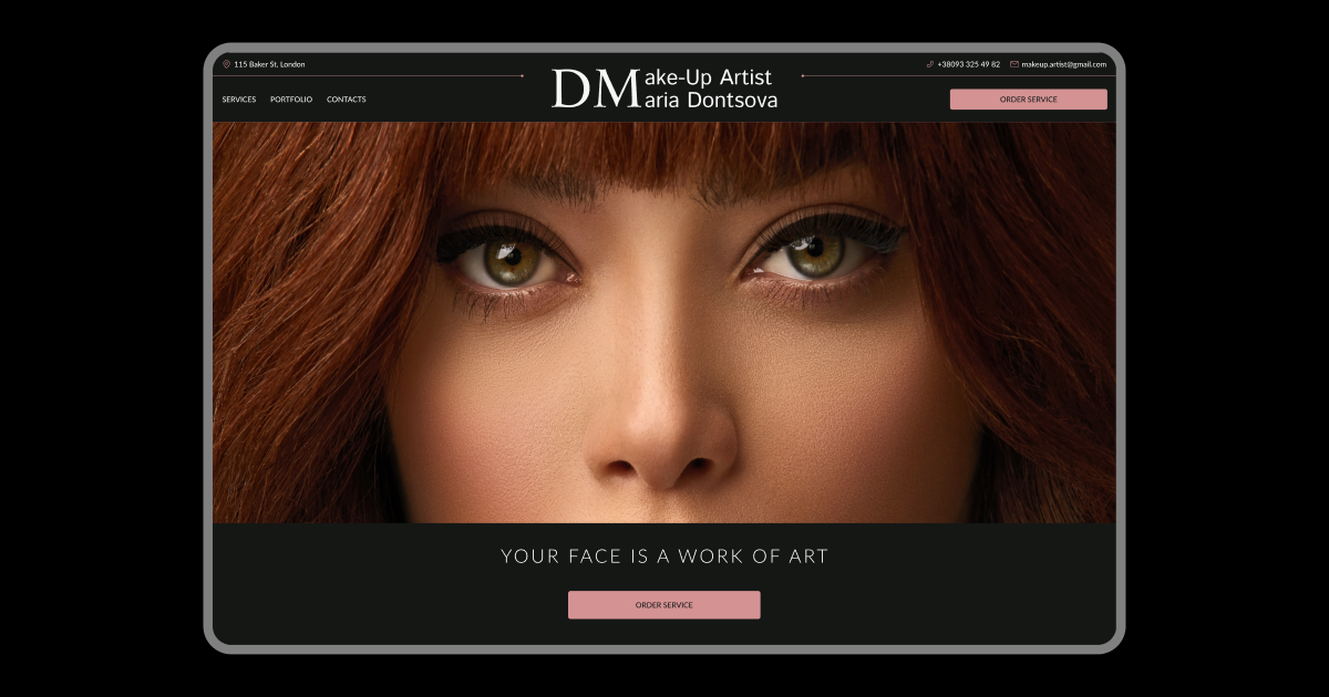 The landing page of a make-up artist. Beauty industry.