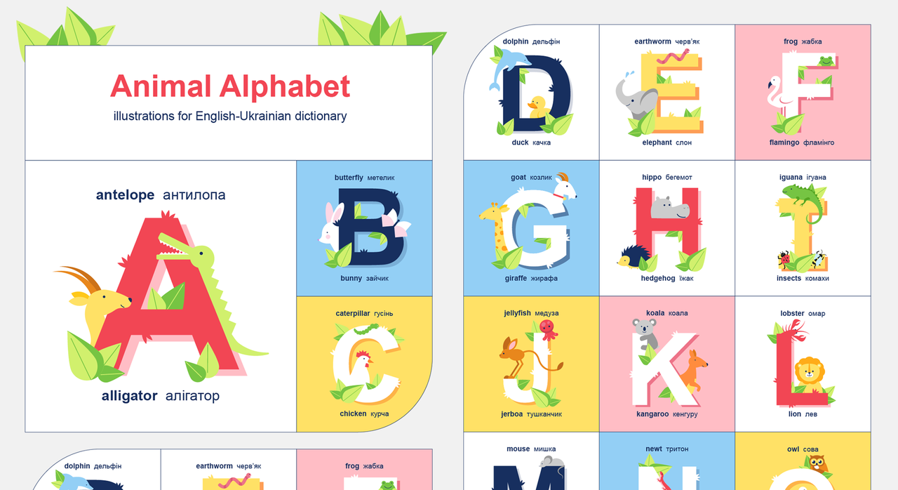 Animal Alphabet: illustrations for English-Ukrainian dictionary
